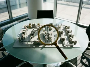 Factory floor model on glass conference table with magnifying glass highlighting production bottleneck constraint area