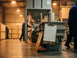 Clipboard with weekly production schedule leaning against industrial machinery on a factory floor
