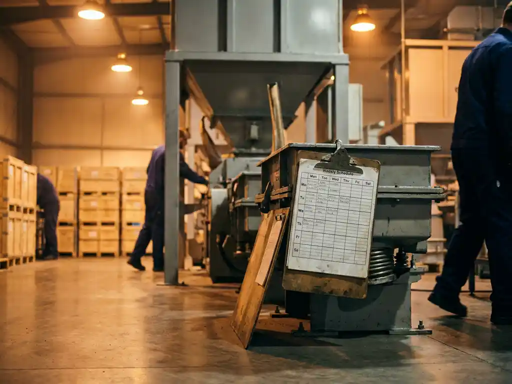 Clipboard with weekly production schedule leaning against industrial machinery on a factory floor