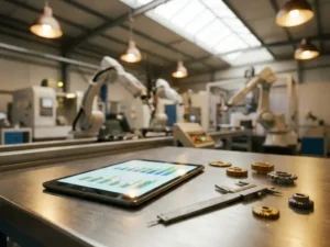 Digital tablet displaying productivity charts on metal workbench in modern factory with manufacturing equipment and tools