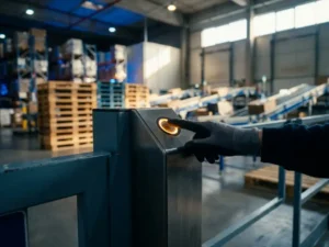 Fingerprint scanner with worker's finger hovering above glowing sensor at warehouse security gate