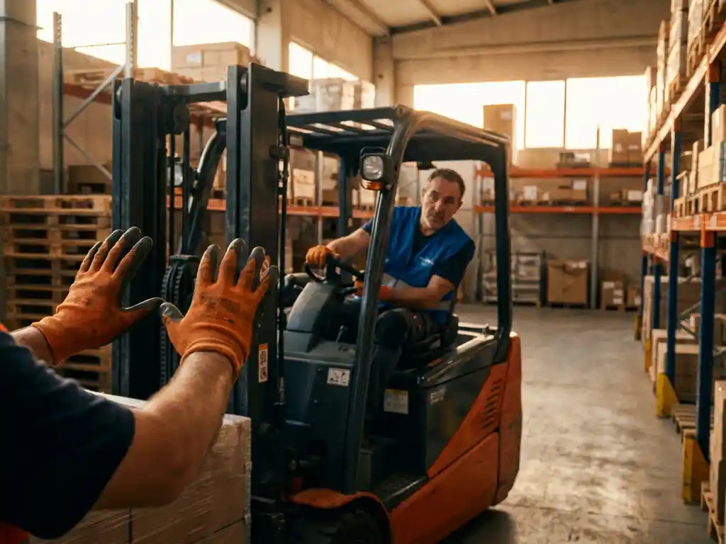 Warehouse worker's hands making stop gesture toward halting forklift driver amid industrial shelving and pallets in golden hour lighting