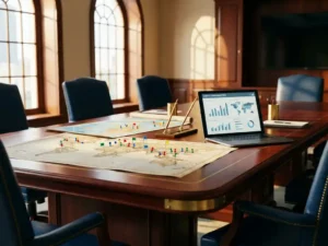 Wooden conference table with colorful world maps marked by pins showing global supplier locations