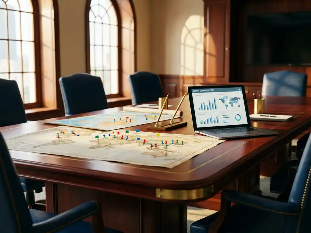 Wooden conference table with colorful world maps marked by pins showing global supplier locations