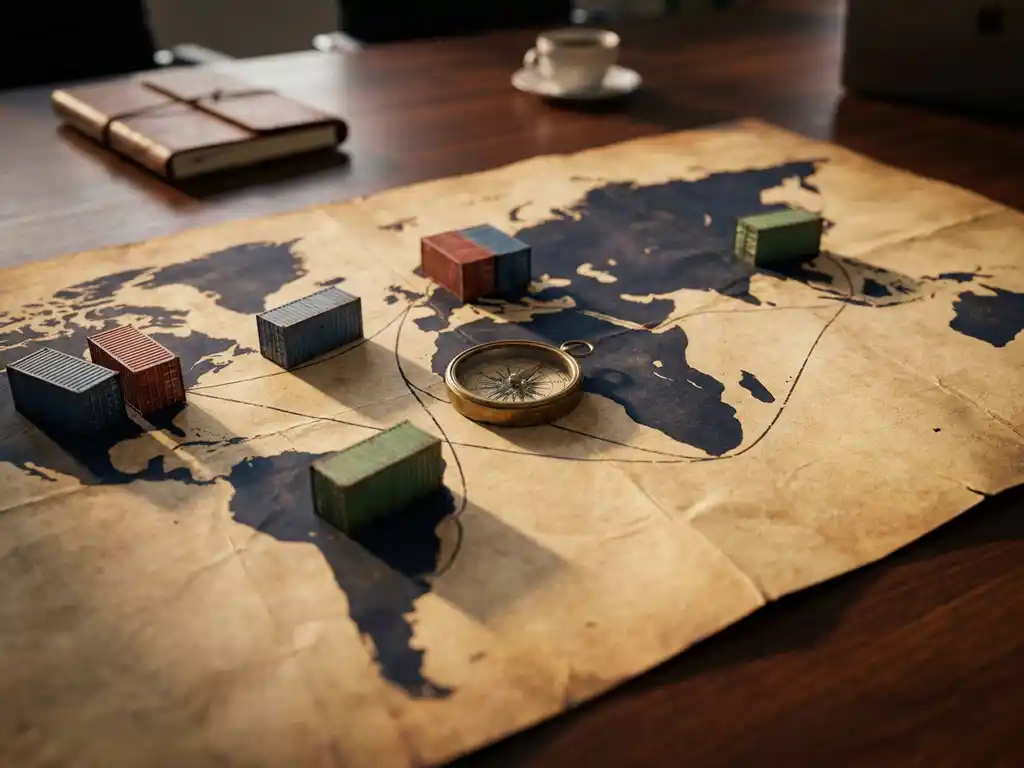 Weathered world map on a boardroom table with miniature shipping containers along trade routes and a compass at center.