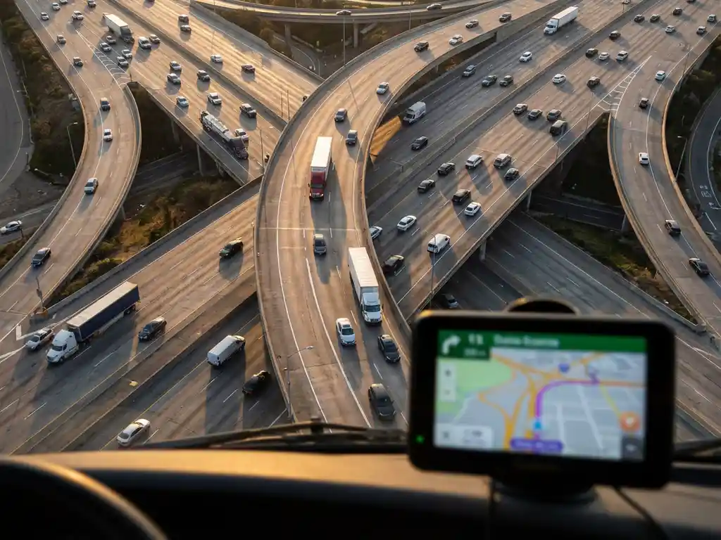 Busy highway intersection with delivery trucks and vehicles in marked lanes