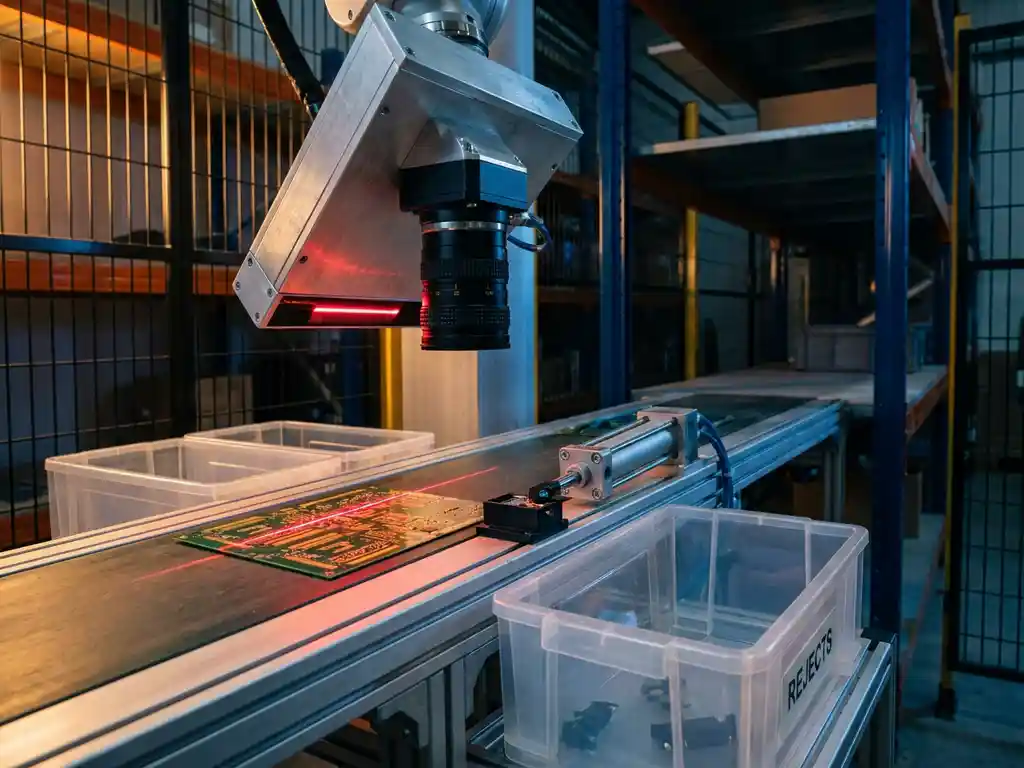 Industrial robotic arm with precision camera inspecting circuit boards on conveyor belt