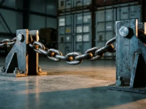 Heavy-duty industrial chain under extreme tension showing stress fractures between steel testing clamps on warehouse floor