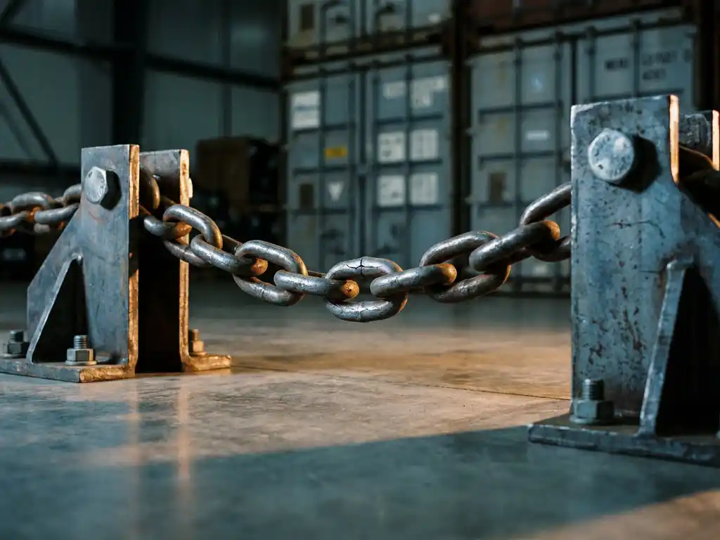 Heavy-duty industrial chain under extreme tension showing stress fractures between steel testing clamps on warehouse floor