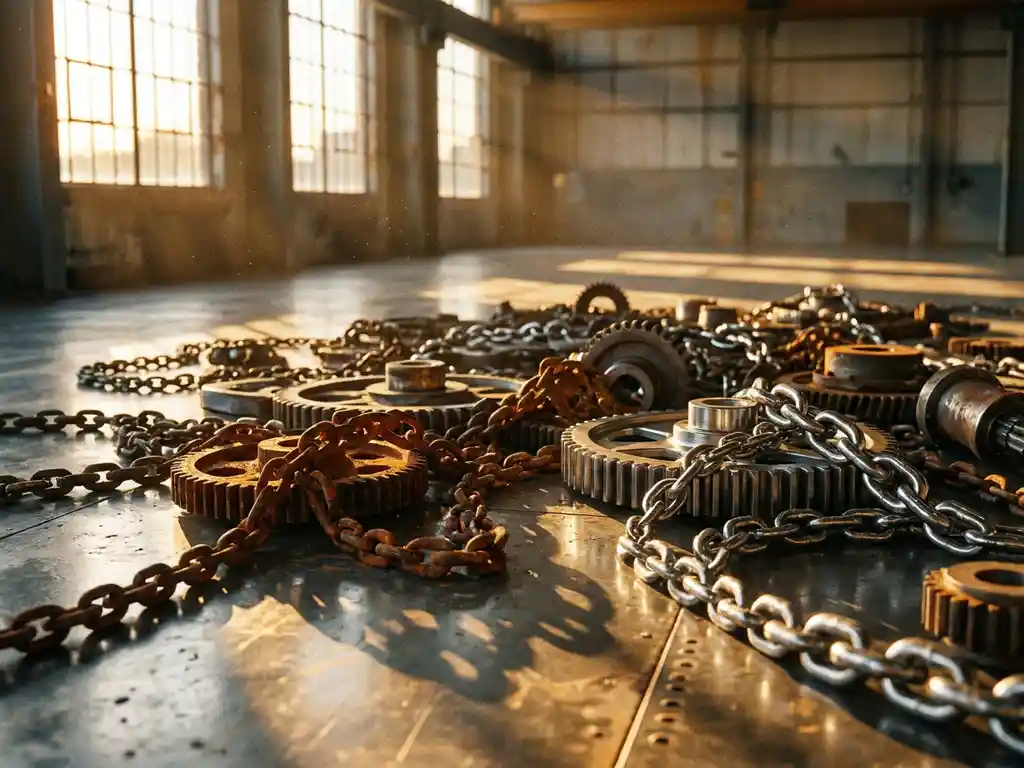Tangled industrial chains and gears scattered on polished steel warehouse floor with broken rusted and pristine links in golden light