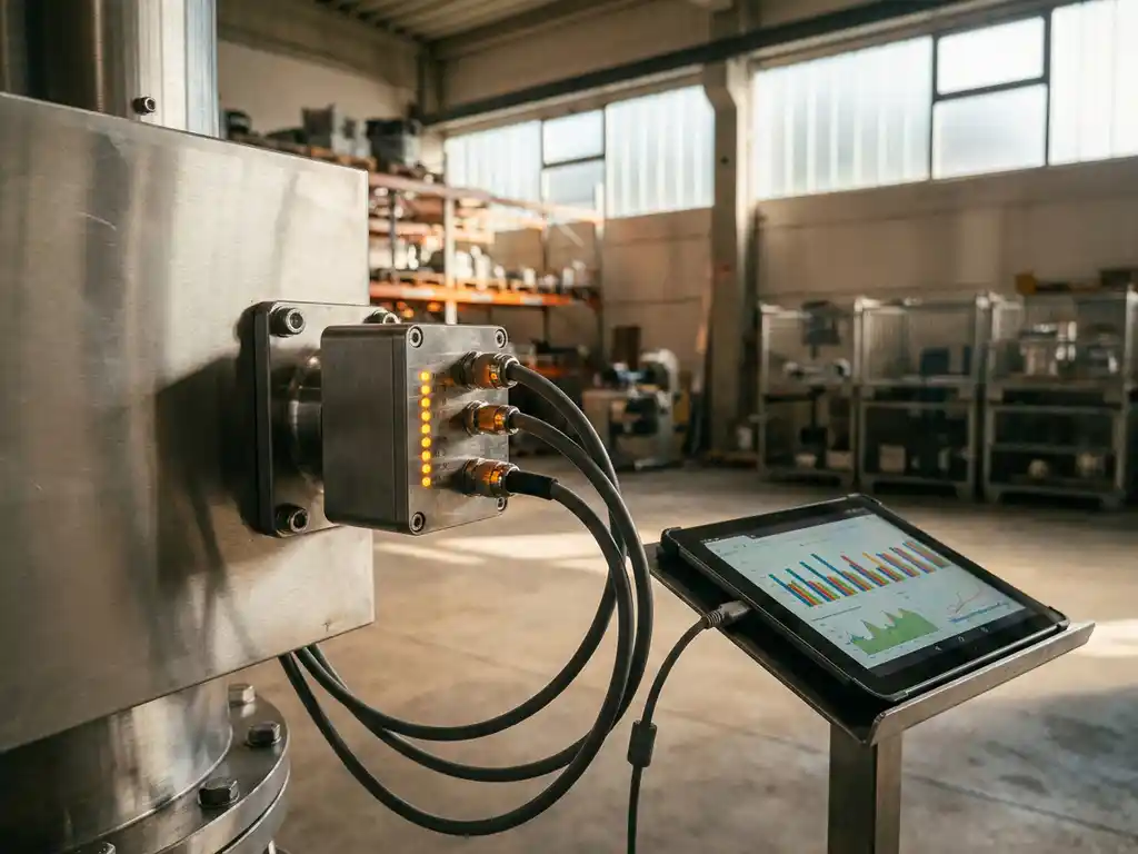 Industrial sensor with amber status lights mounted on steel machinery connected to tablet displaying performance graphs in modern warehouse