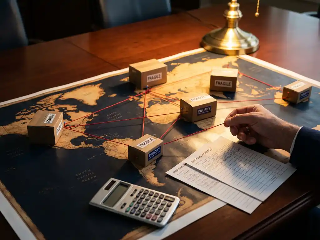 World map on mahogany table with cardboard shipping boxes connected by red string routes