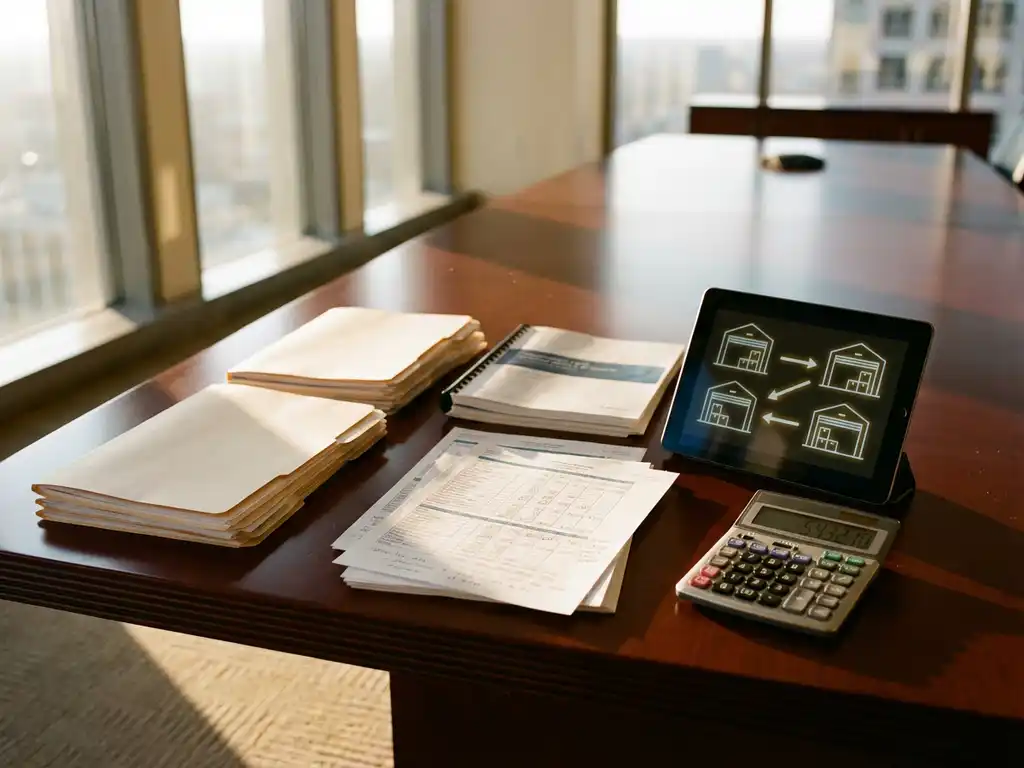 Mahogany conference table with inventory reports