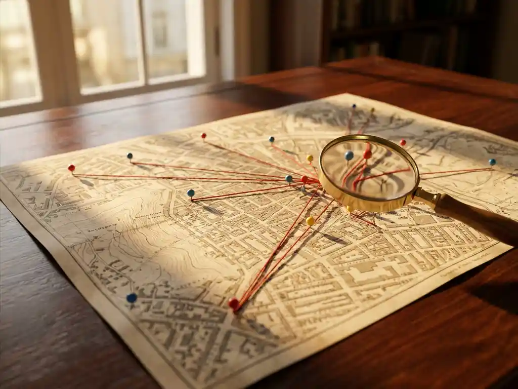Topographical map on wooden desk with colored pins marking distribution points connected by red threads