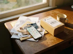 Smartphone displaying logistics app on small business owner's desk with shipping invoices