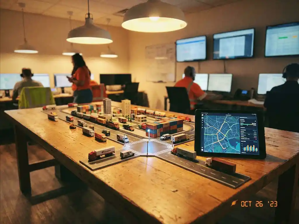 Transportation network scale model on wooden table with miniature trucks