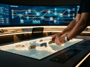 Logistics coordinator adjusting model trucks on 3D map table in modern warehouse control room with digital supply chain monitoring screen