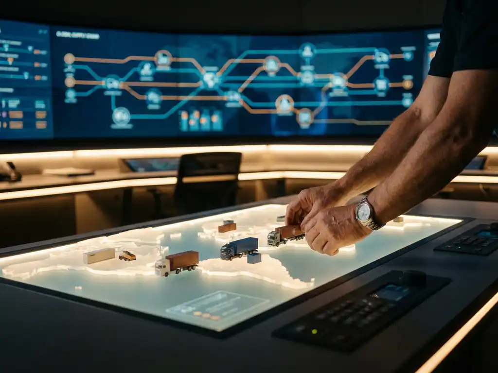 Logistics coordinator adjusting model trucks on 3D map table in modern warehouse control room with digital supply chain monitoring screen