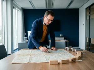 Logistics manager reviewing an unfolded route map on a conference table