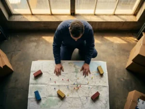 Logistics manager reviewing a large printed route map on a warehouse floor with cargo containers and colored distribution pins under golden skylight.