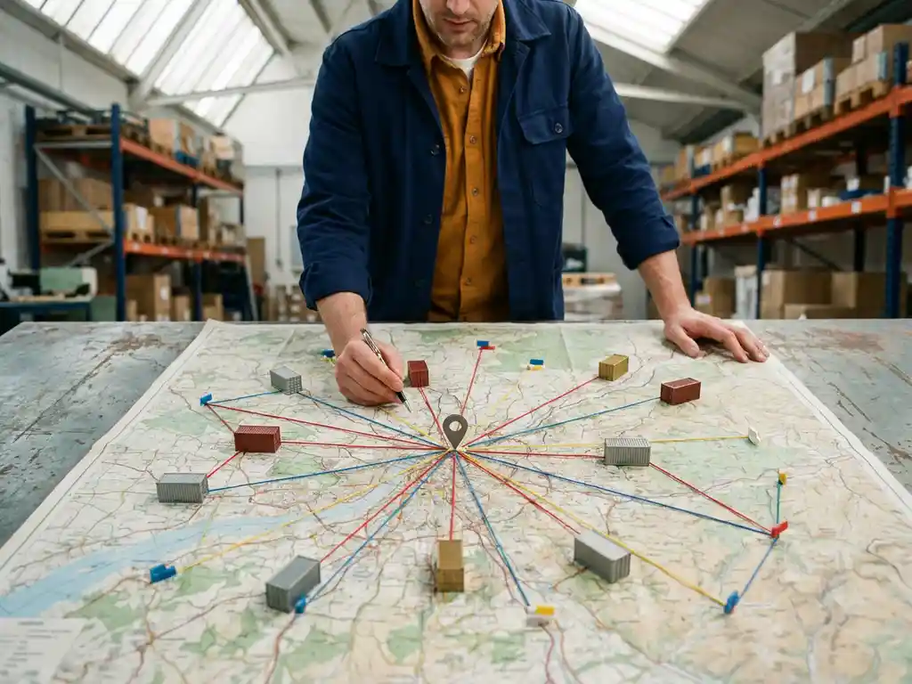 Logistics manager reviewing a topographic map with colored shipping routes from a central hub