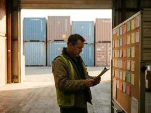 Logistics manager reviewing a color-coded staffing schedule on a warehouse wall