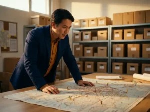 Logistics manager studying a shipping route network map with colored pins on a warehouse table