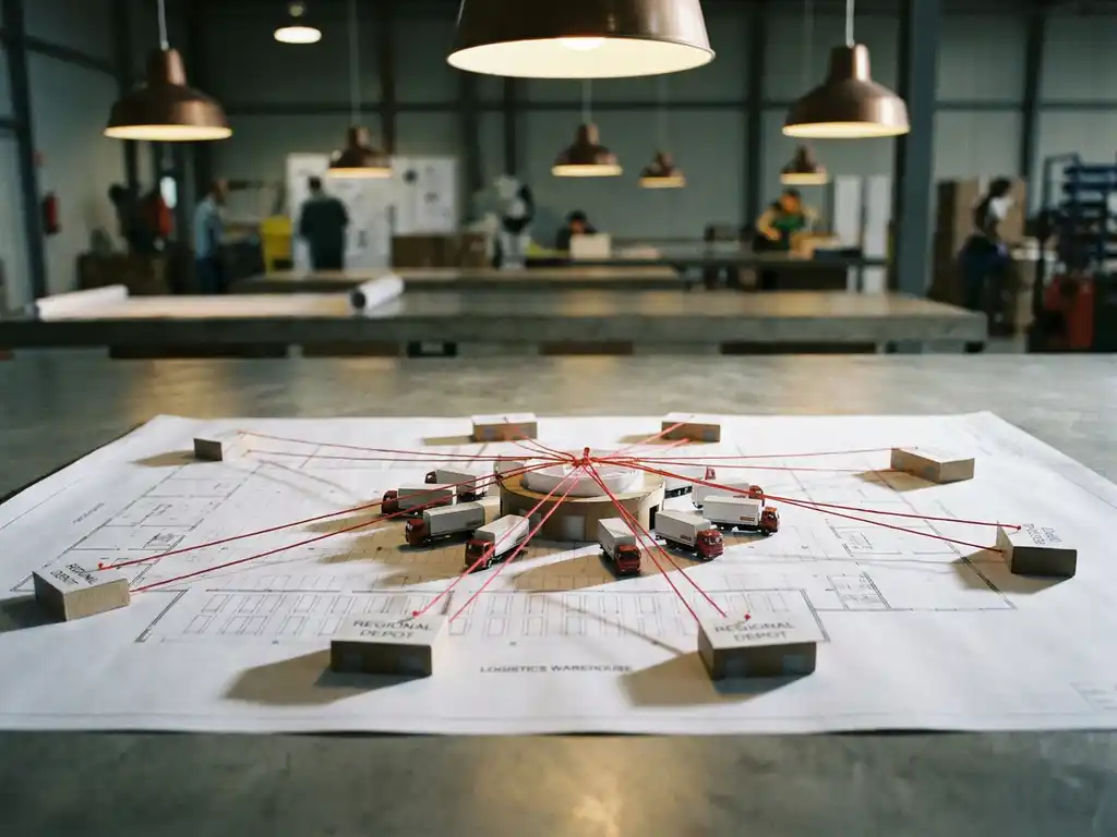 Logistics warehouse floor plan with miniature delivery trucks at central distribution hub connected by red string lines to regional depot models on concrete table