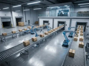 Modern warehouse interior with robotic arms