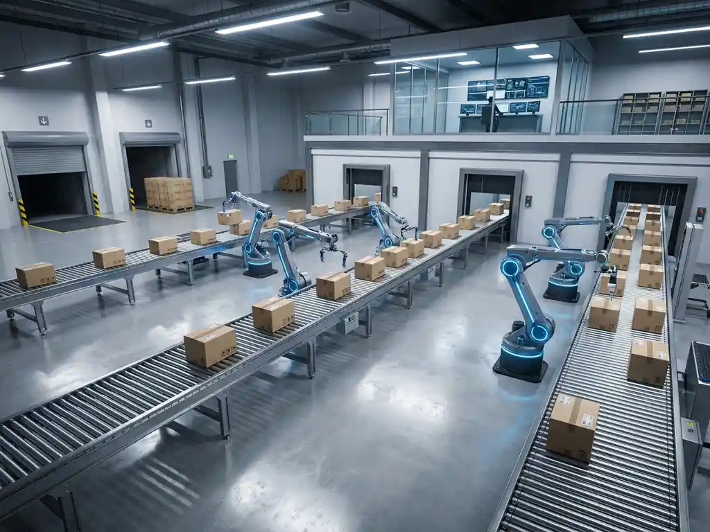 Modern warehouse interior with robotic arms