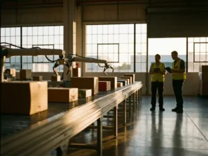 Modern warehouse interior with conveyor belt system