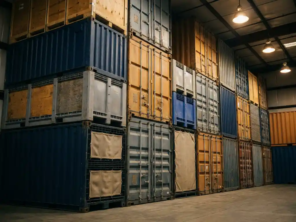 Colorful modular shipping containers stacked on warehouse floor with industrial lighting creating geometric shadows