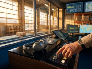 Wireless headset with neural sensors on warehouse control desk as hand reaches for adaptive interface controls amid logistics monitoring screens.