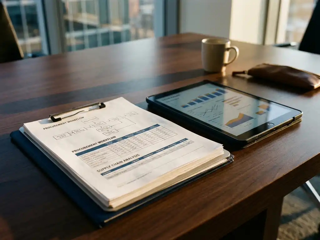 Aluminum clipboard with procurement documents and flowcharts on walnut conference table beside tablet displaying supply chain analytics