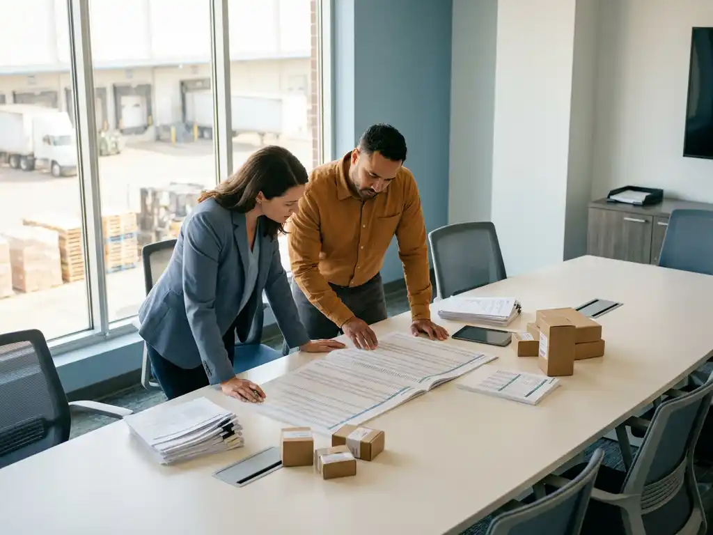 Procurement manager and warehouse supervisor reviewing inventory spreadsheet together at conference table with logistics reports and product samples
