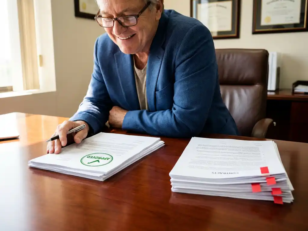 Senior procurement manager reviewing supplier contracts on mahogany desk with approved document showing green checkmark and rejected pile with red flags