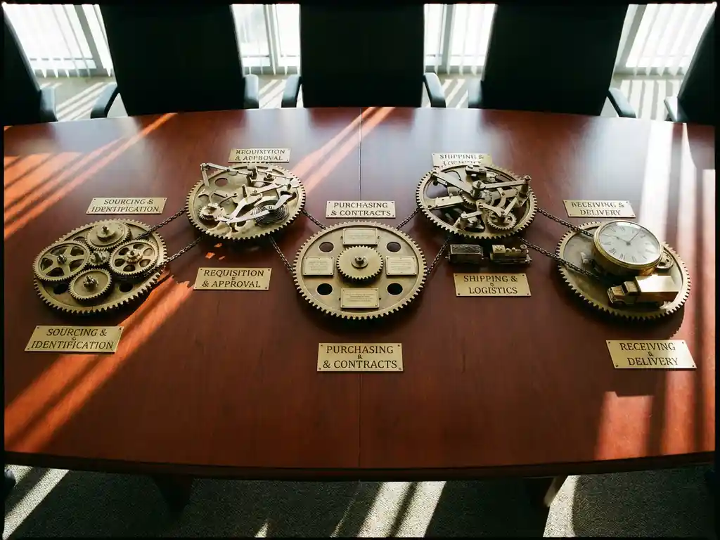 Brass clockwork gears arranged as procurement workflow chart on mahogany conference table with golden sunlight creating shadows