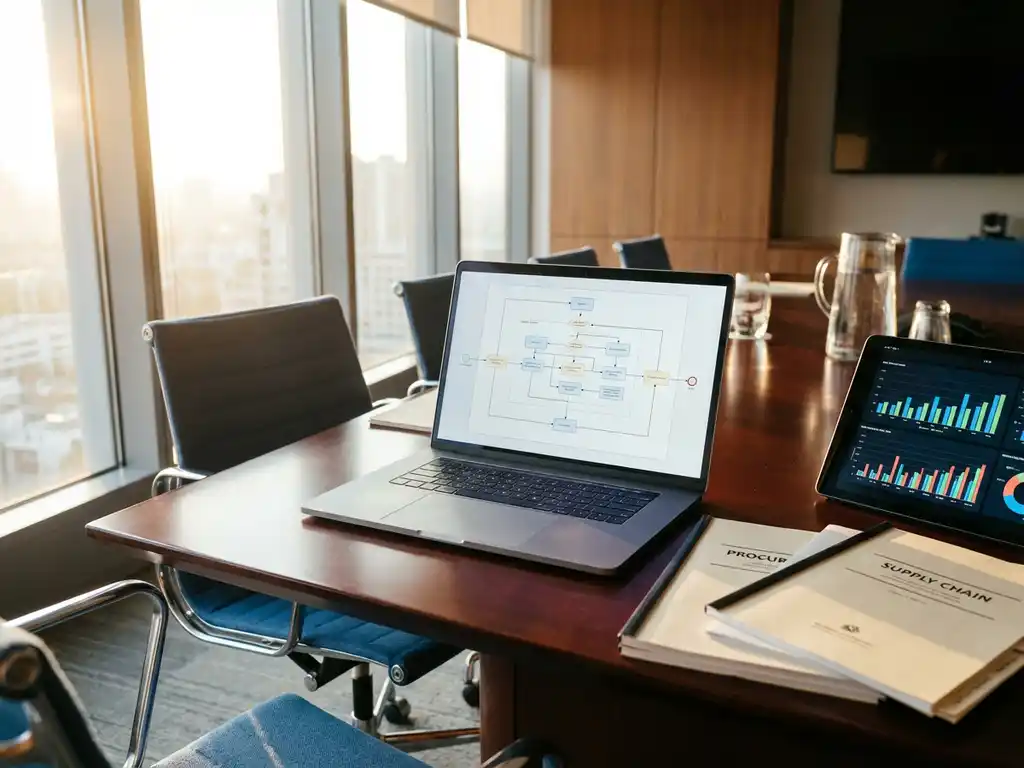 Modern laptop displaying workflow diagrams on mahogany conference table with procurement documents and tablet showing data dashboards in executive boardroom