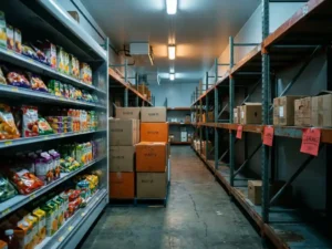 Warehouse aisle shelving showing three product lifecycle zones: vibrant fresh stock