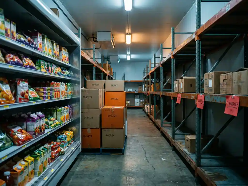 Warehouse aisle shelving showing three product lifecycle zones: vibrant fresh stock
