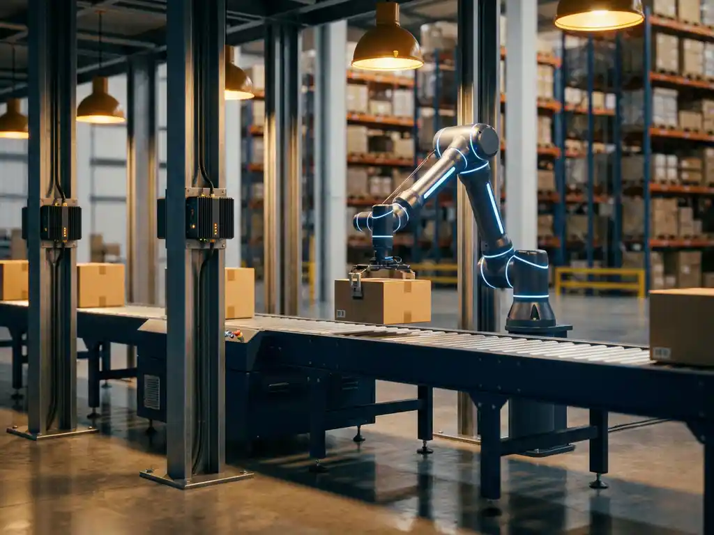 Robotic arm placing packages on conveyor belt in automated warehouse with edge computing devices and organized storage racks