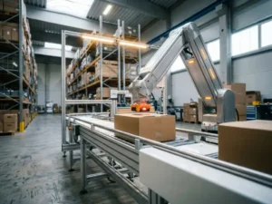 Robotic arm placing glowing sensor on cardboard package moving along conveyor belt in modern warehouse facility