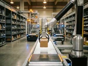 Robotic arm placing cardboard package onto conveyor belt in automated warehouse with organized shelves and sorting equipment