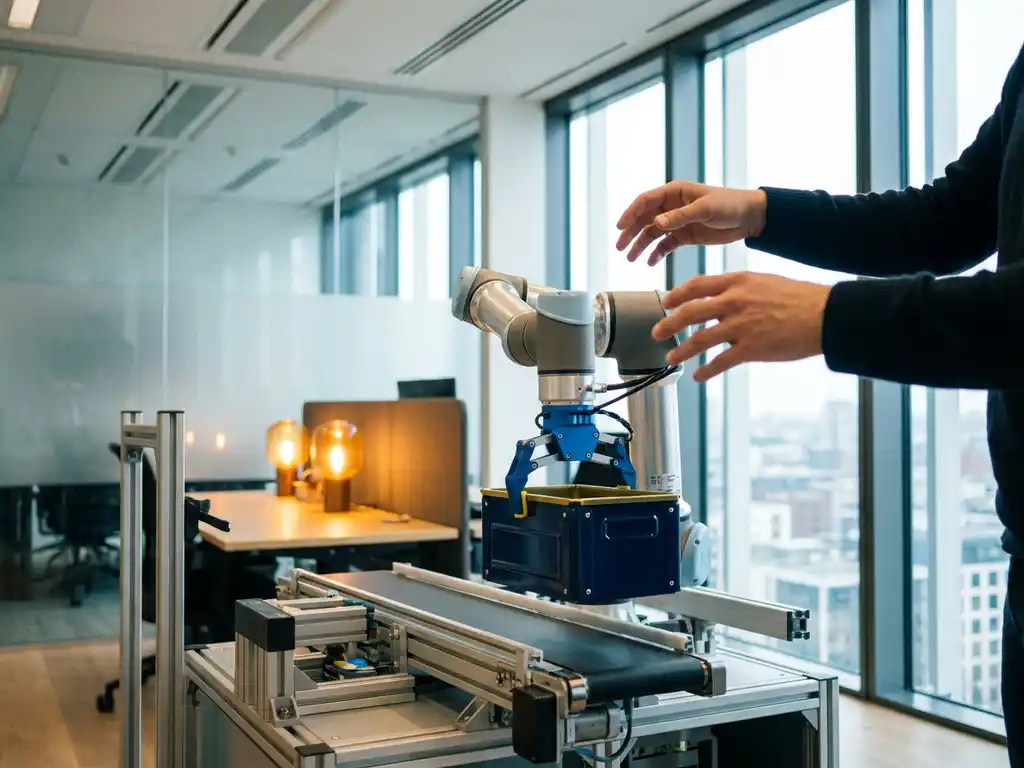 Robotic arm placing navy blue shipping containers on warehouse conveyor system while human hands provide oversight in modern office