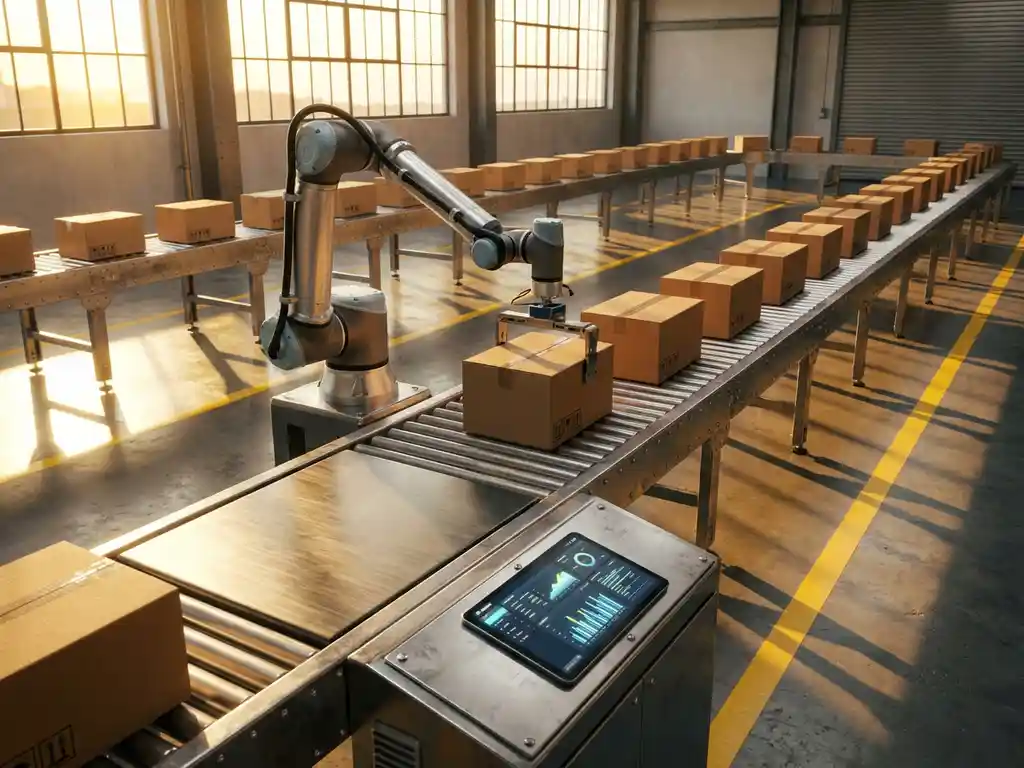 Robotic arm placing cardboard package on conveyor belt in modern warehouse with organized shipping boxes and logistics tablet