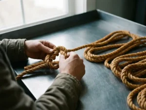 Hands carefully untangling a knotted rope on a steel surface