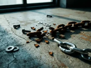 Rusted chain link snapping apart on weathered warehouse floor