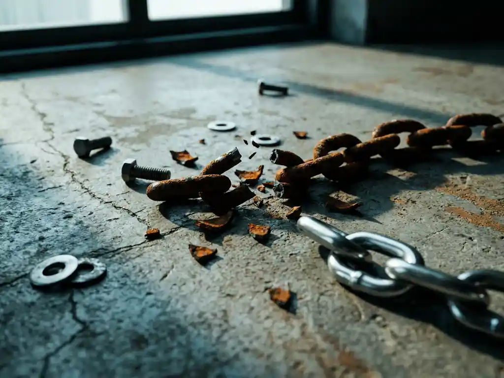 Rusted chain link snapping apart on weathered warehouse floor