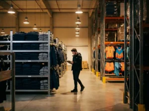 Supply chain analyst with tablet walking through modern warehouse with organized seasonal inventory sections of winter coats and swimwear under warm industrial lighting.