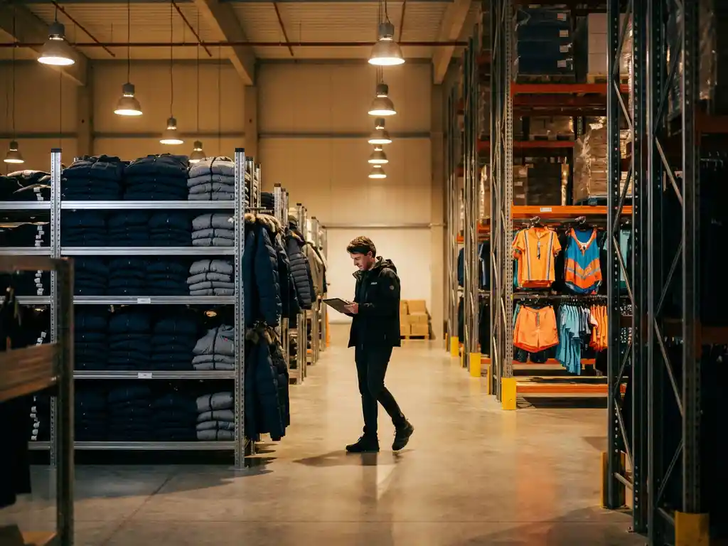 Supply chain analyst with tablet walking through modern warehouse with organized seasonal inventory sections of winter coats and swimwear under warm industrial lighting.